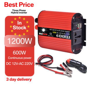600W 1200W Power Inverter 12V DC to 110V AC Car Plug Adapter Outlet Converter with 2.1A Dual USB AC Car Charger for Laptop Computer