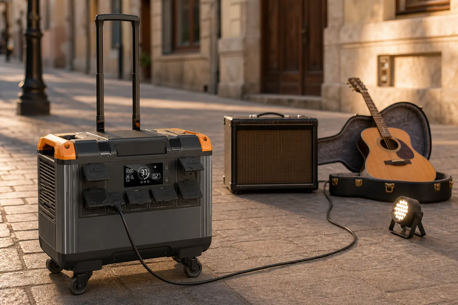 Ruihan T30 3000W portable power station powering a busker amplifier on a cobblestone street