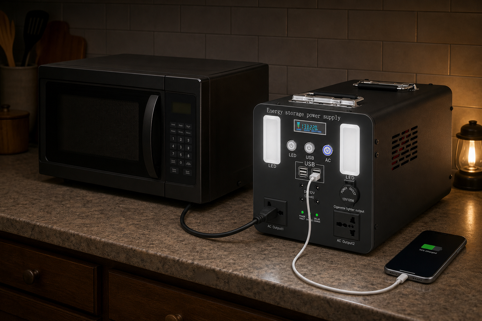1500W power station running a microwave in a kitchen during a blackout