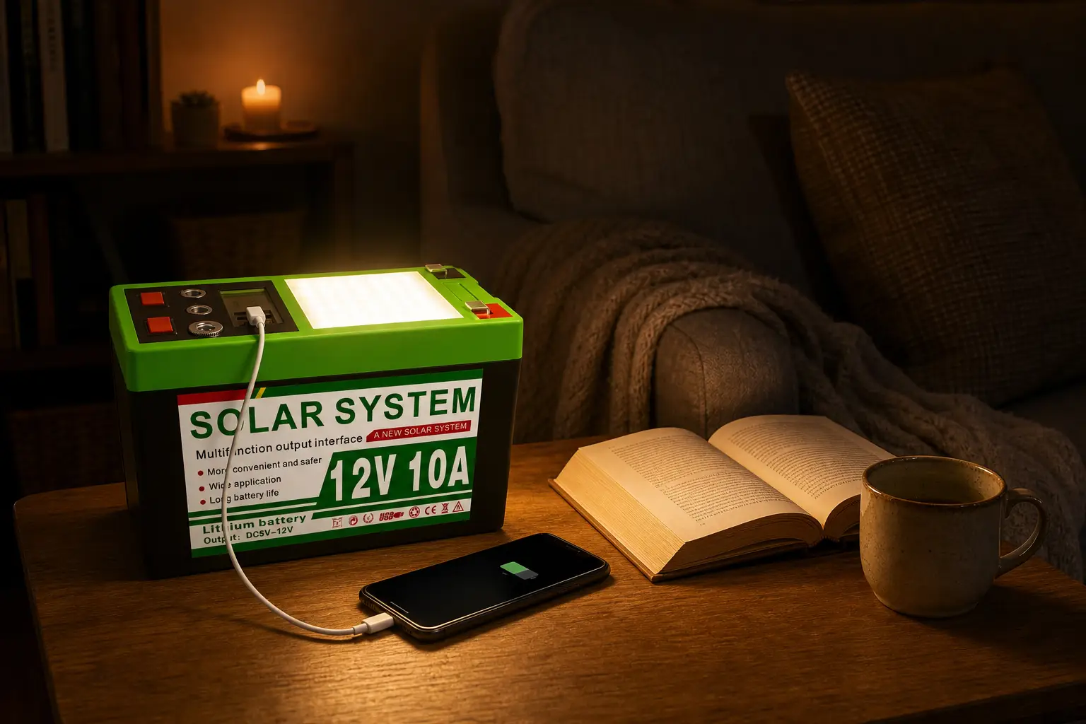 Ruihan C802-12V10A DC solar power station lighting a living room during a blackout and charging a phone