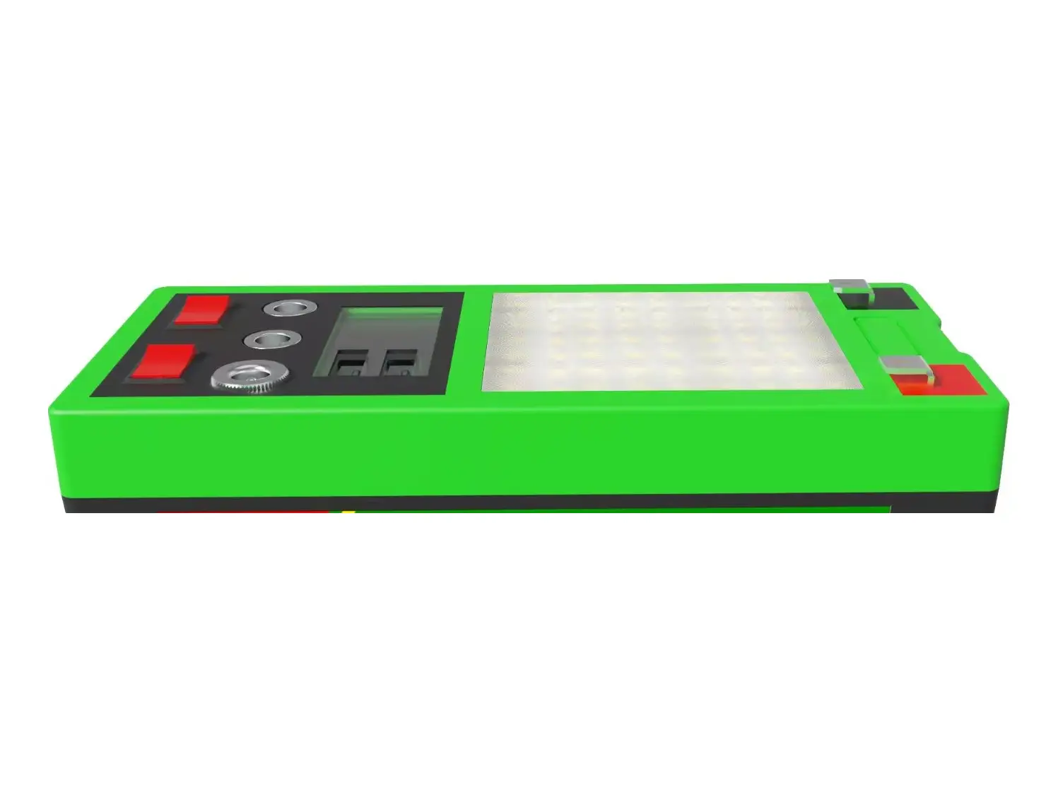 Ruihan C802-12V10A DC solar power station top panel detail: two DC sockets, USB ports, switches and LED lamp panel