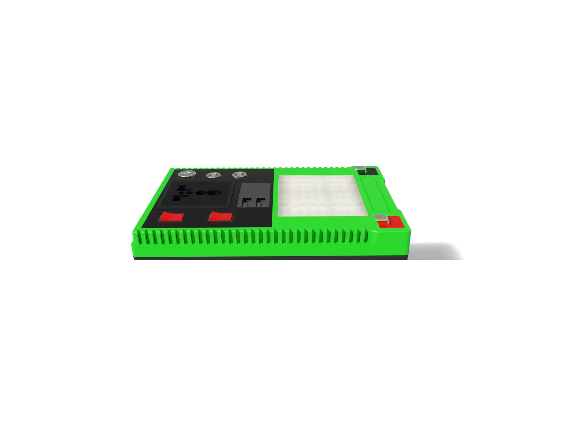 Ruihan C803-100W power station top panel detail: three DC sockets, universal AC socket, USB ports, switches and LED lamp panel