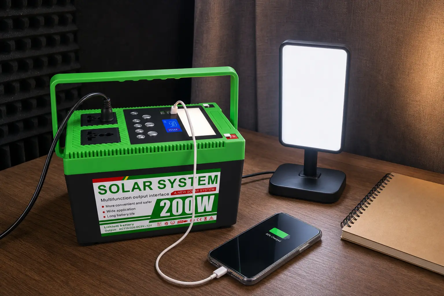 Ruihan C804-200W power station powering an LED light and charging a phone at a creator desk