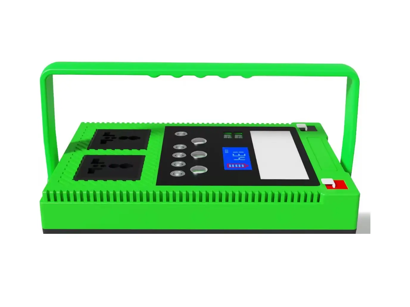 Ruihan C804-200W power station top panel detail: two AC sockets, DC sockets, USB ports, LCD and LED lamp panel