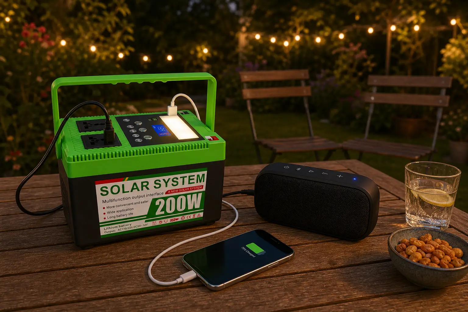 Ruihan C804-200W power station running a Bluetooth speaker on a garden patio