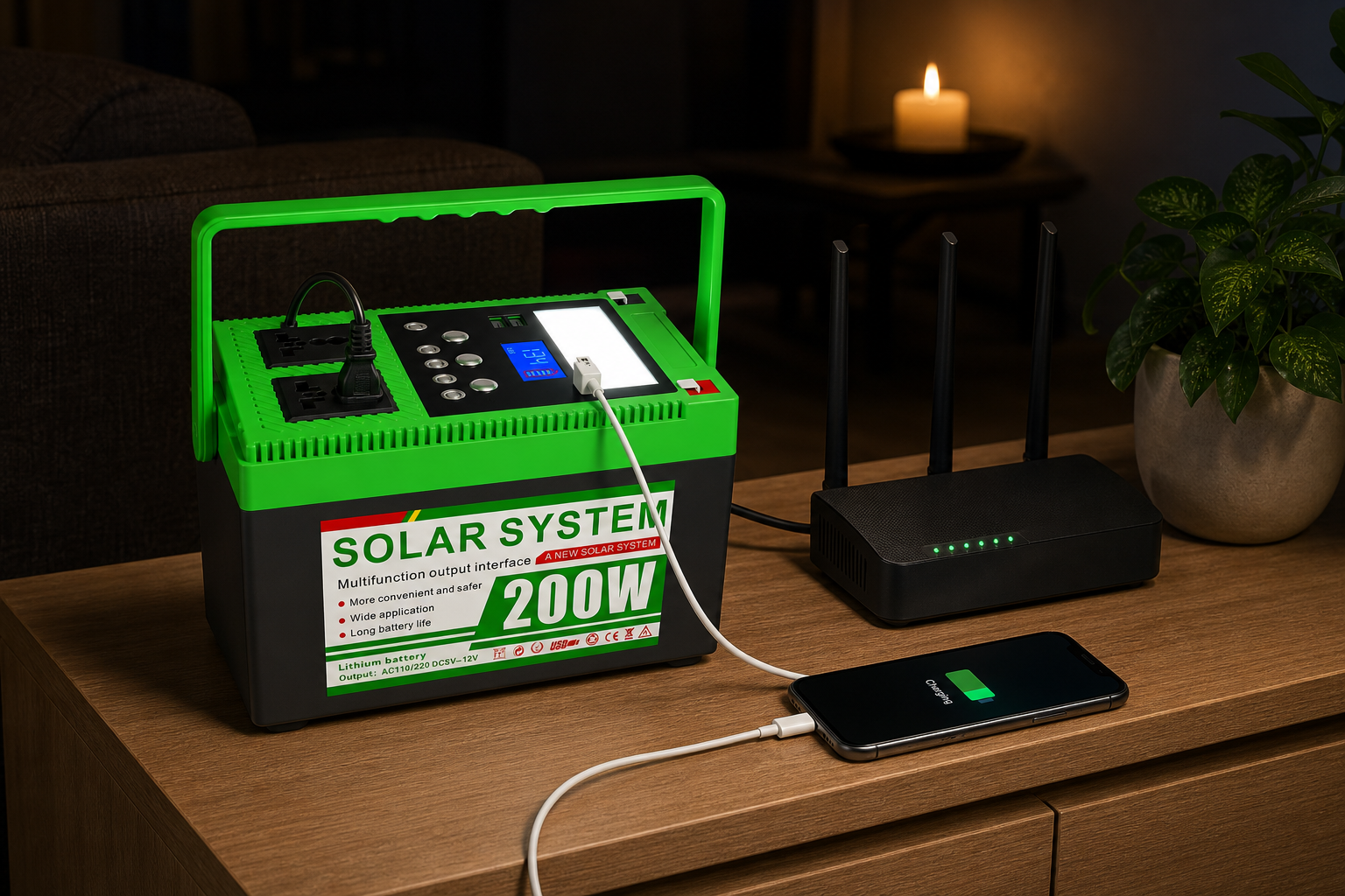 C804 200W power station keeping a home Wi-Fi router running during a blackout while charging a phone