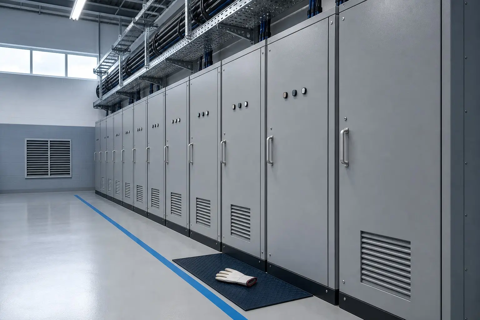 Row of grey switchgear cabinets in a factory electrical room