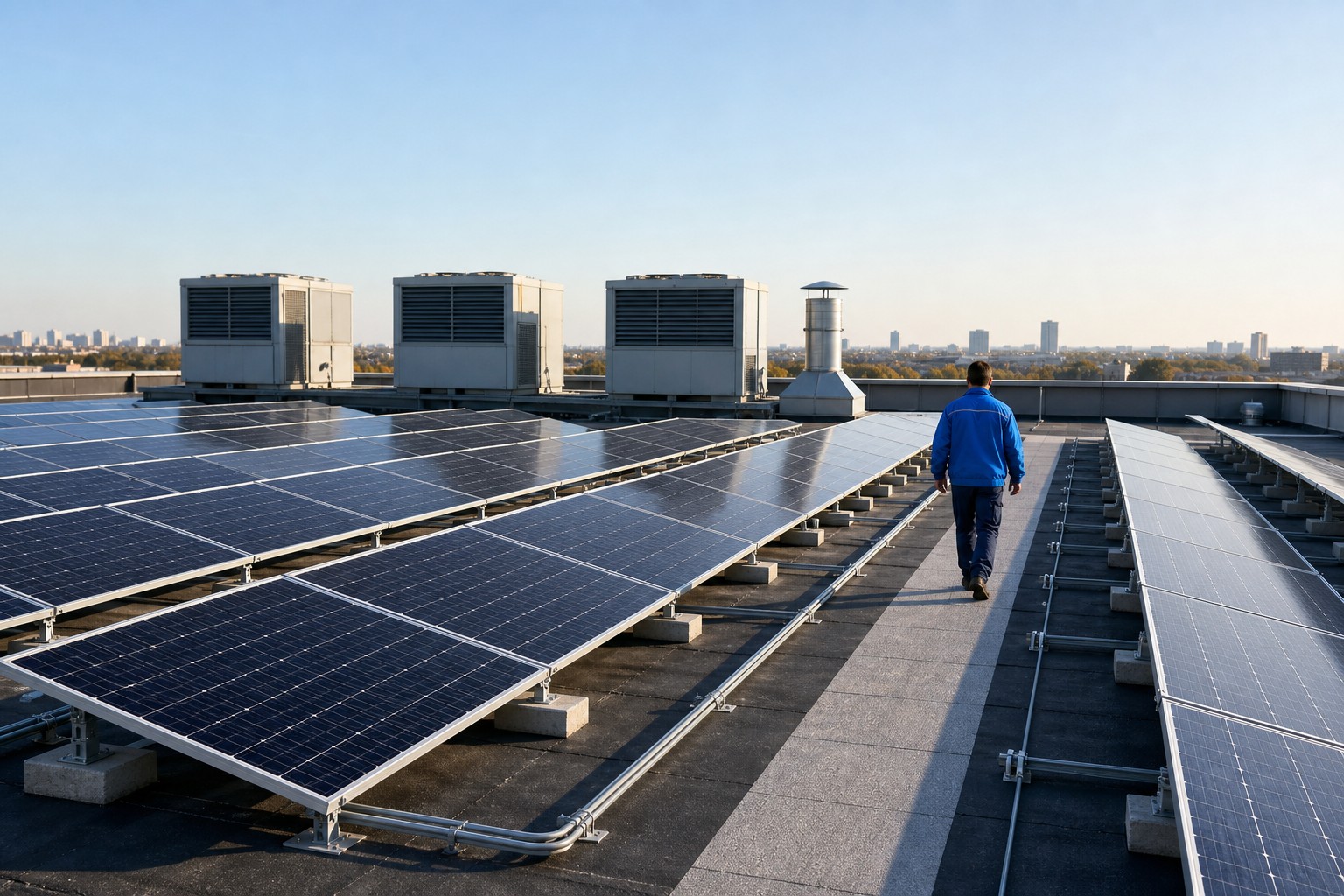 Rooftop solar array on a commercial factory roof