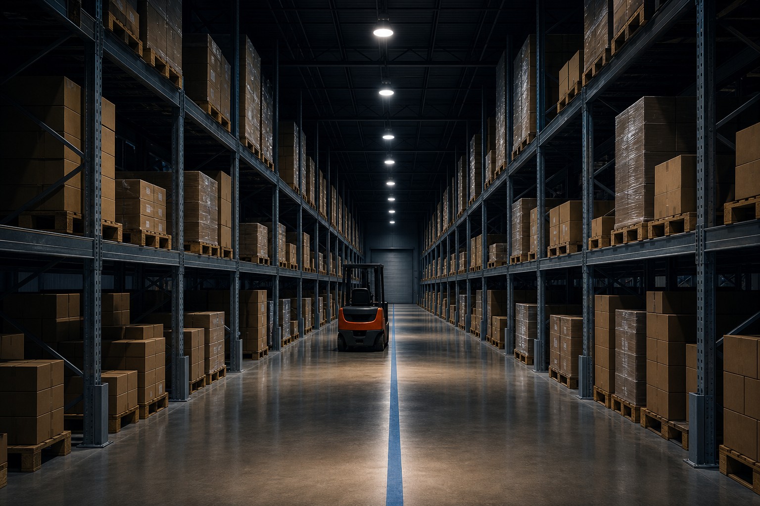 Illuminated warehouse aisle at night under high-bay lighting
