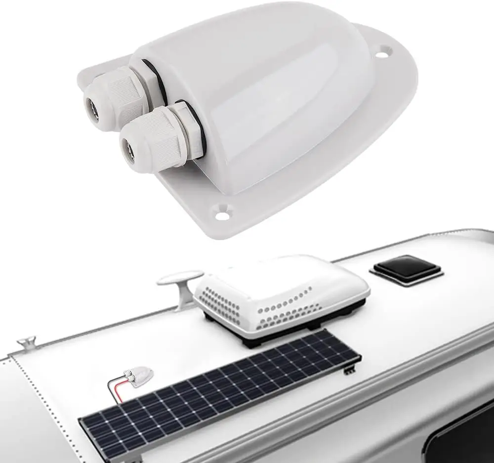 RH-SJB cable entry gland installed on an RV roof routing solar cable