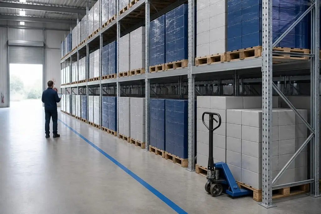 Organised distribution warehouse racking with palletised cartons