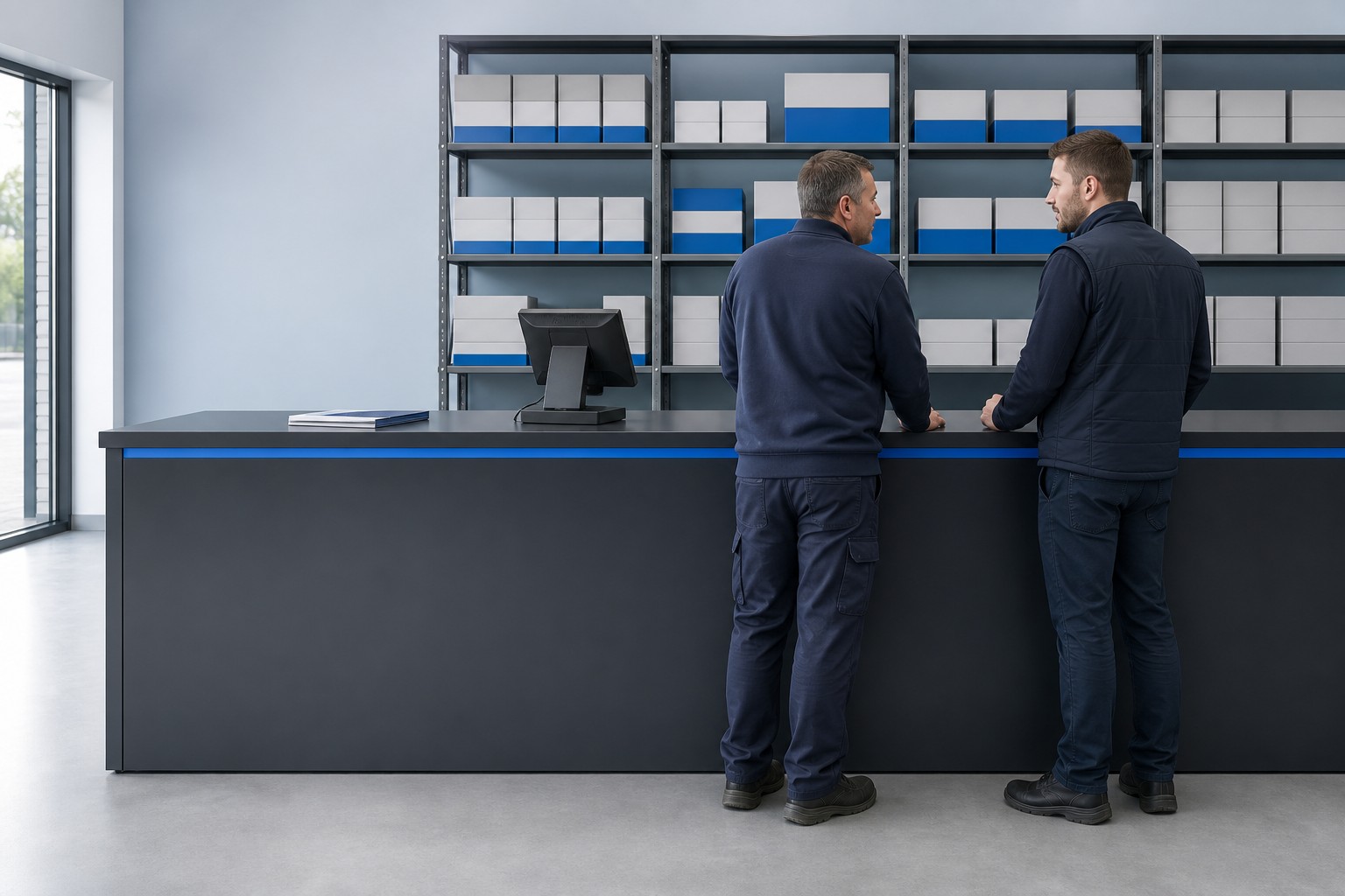 Wholesale trade counter with shelving of stock cartons