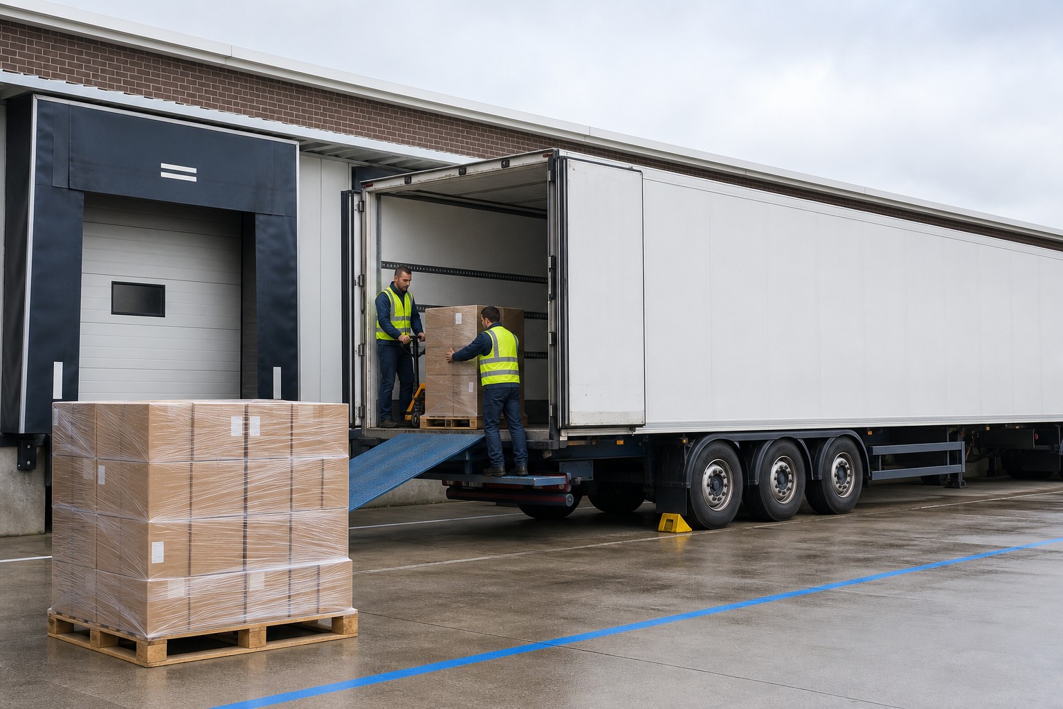 Loading dock with a lorry being loaded with pallets