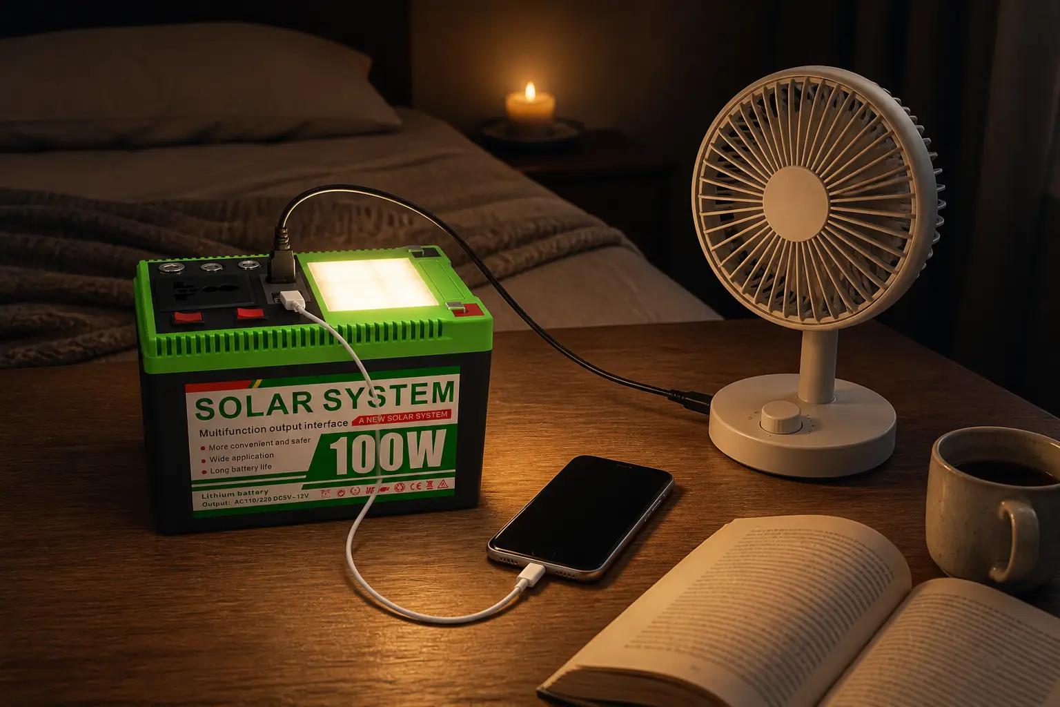 Ruihan C803-100W power station running a desk fan in a bedroom during a blackout