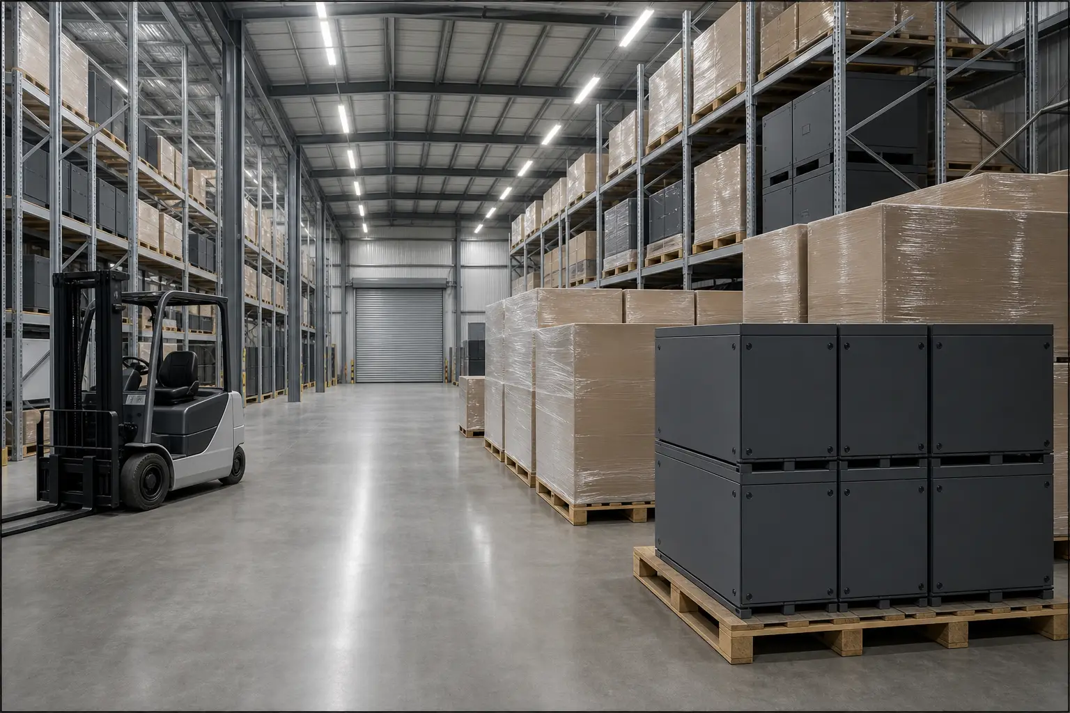 Energy storage distribution warehouse with palletised battery units