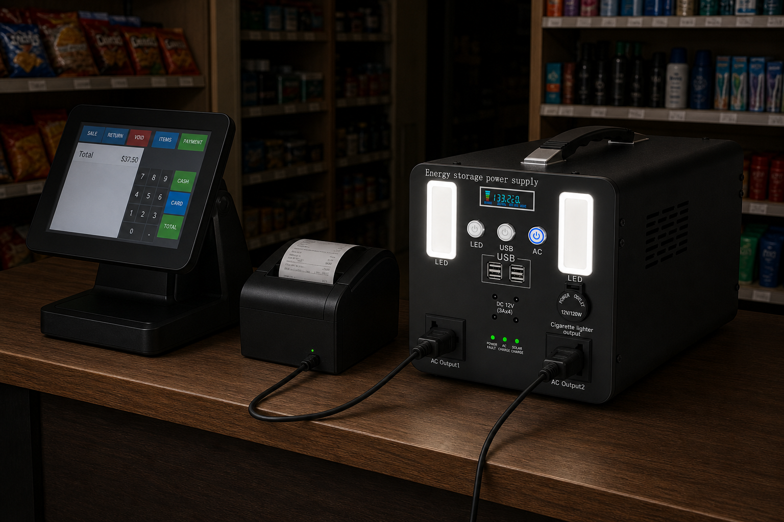 UPS power station keeping a point-of-sale terminal and receipt printer running in a shop