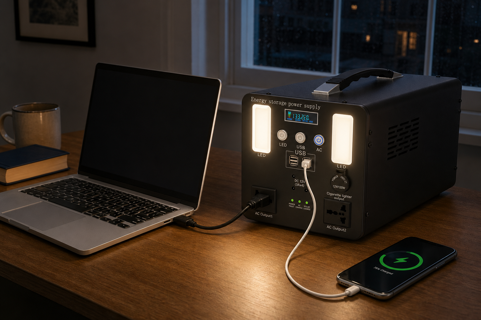 UPS power station running a laptop and charging a phone during a home power outage