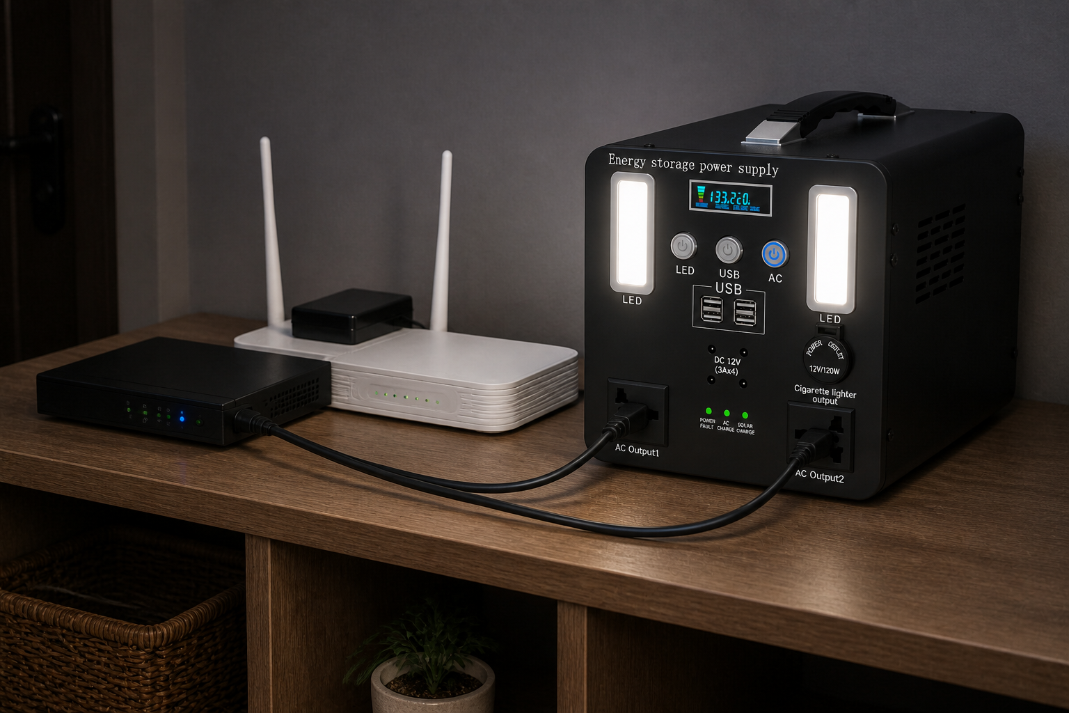 UPS power station keeping a Wi-Fi router and NVR running during a blackout