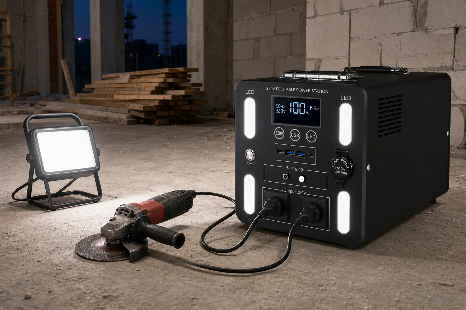 Power station running an angle grinder and a floodlight on a construction site