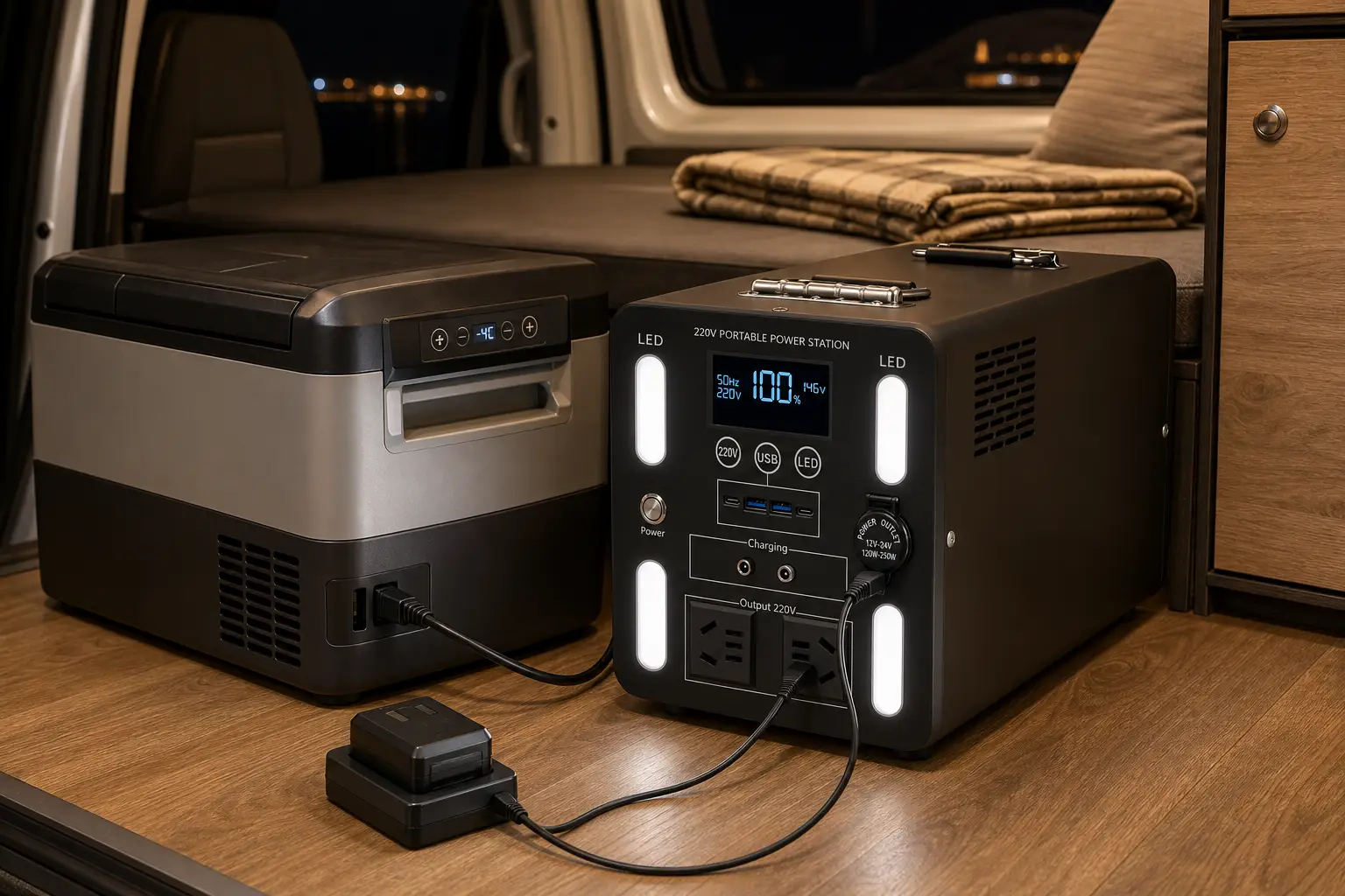 Power station running a 12V car fridge and a camera battery charger in a camper van