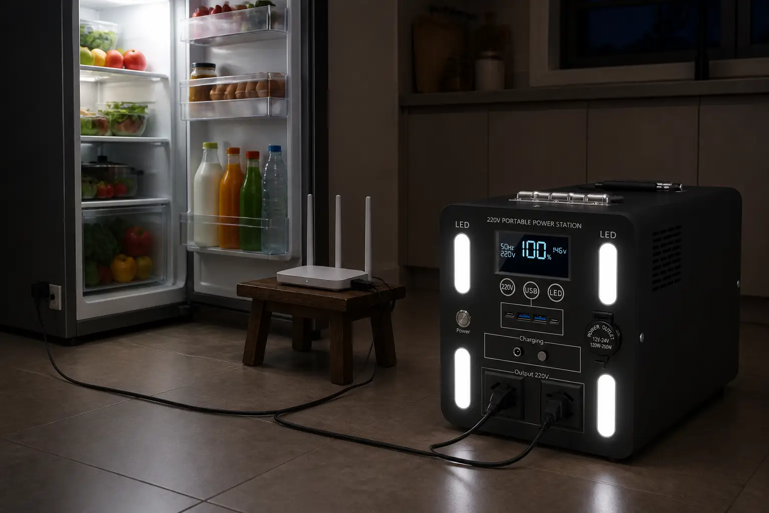 Power station keeping a fridge and a Wi-Fi router running during a home blackout