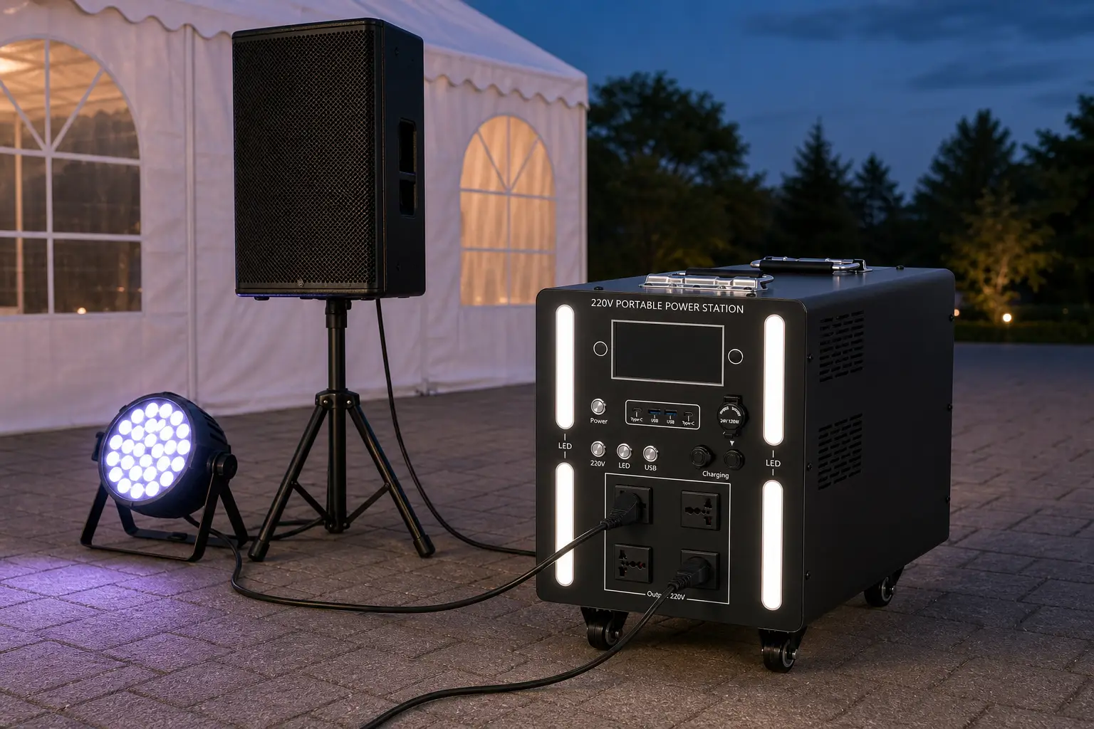 Ruihan power station cart powering a PA loudspeaker and a stage light at an outdoor event