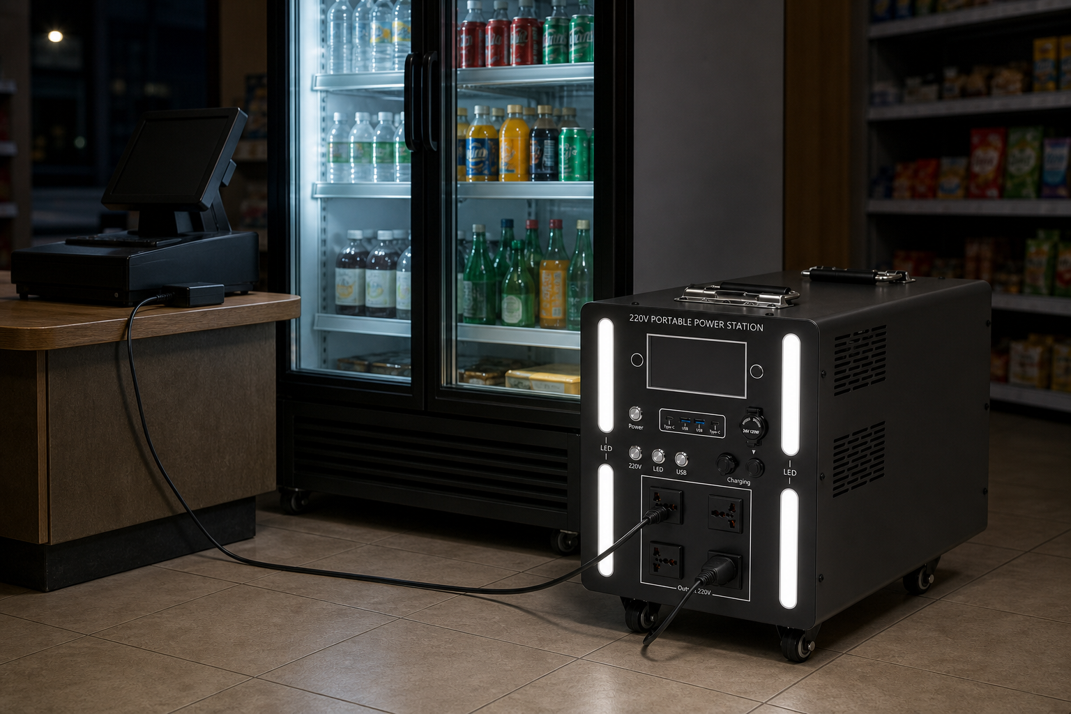 Power station cart keeping a shop display fridge and a cash register running during an outage