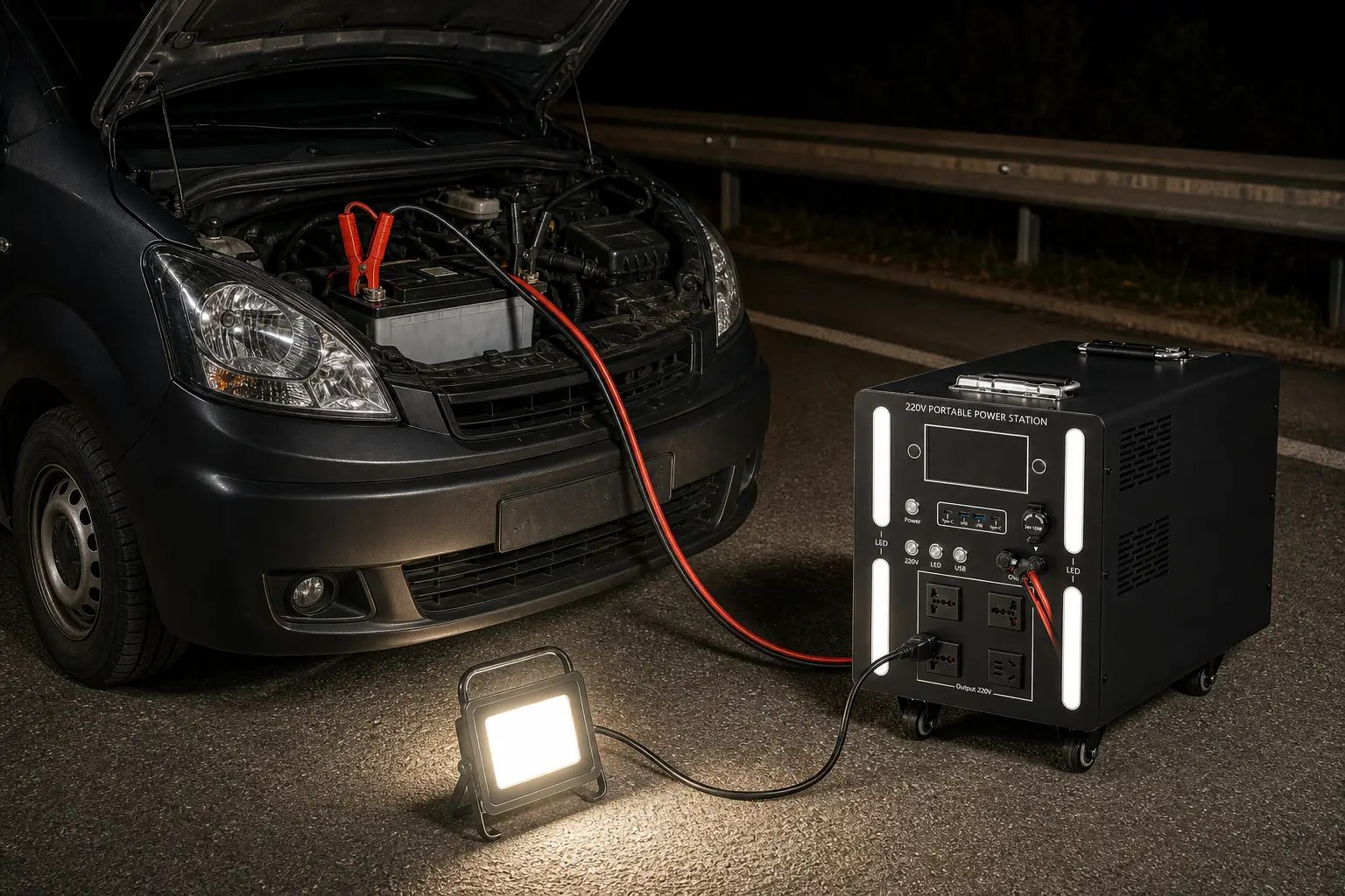 Ruihan power station cart jump-starting a stranded van at night and powering a floodlight