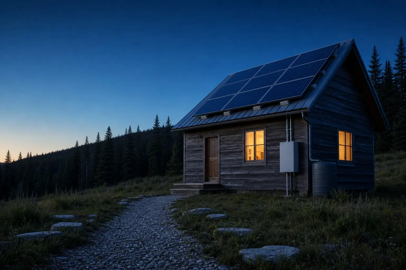 Off-grid timber cabin with a rooftop solar array at dusk