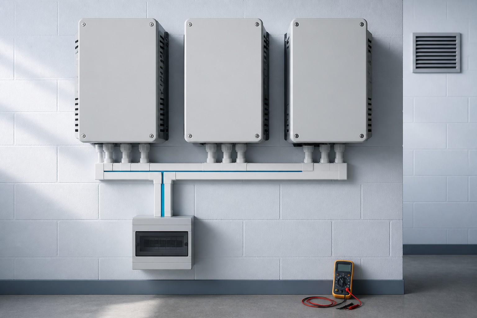 Inverter enclosures and conduit mounted on a plant room wall