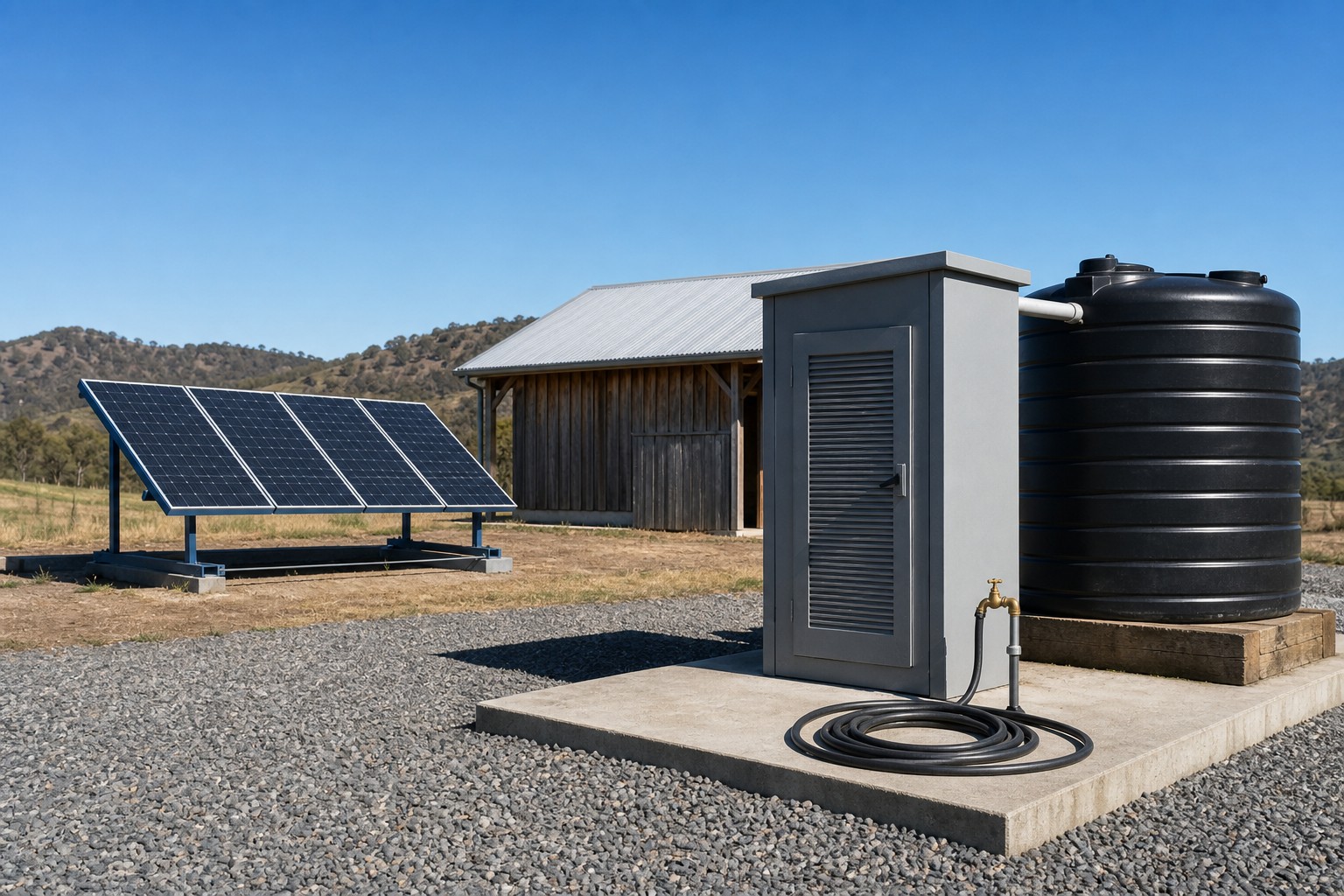 Off-grid water pump enclosure, tank and ground-mounted solar panels