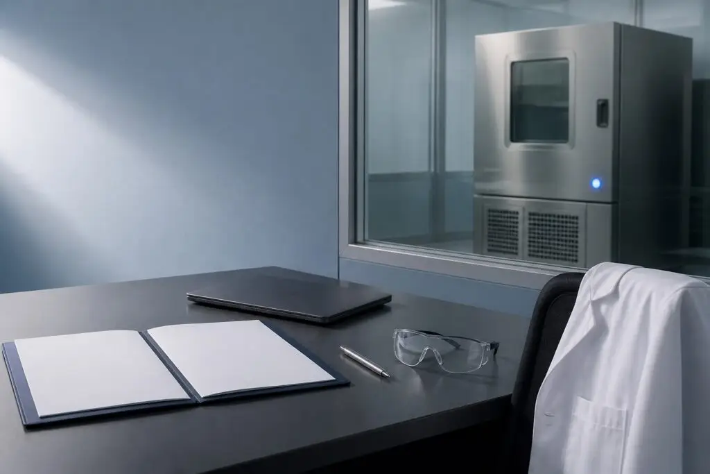 Compliance desk with a blank folder, laptop, safety glasses and lab coat