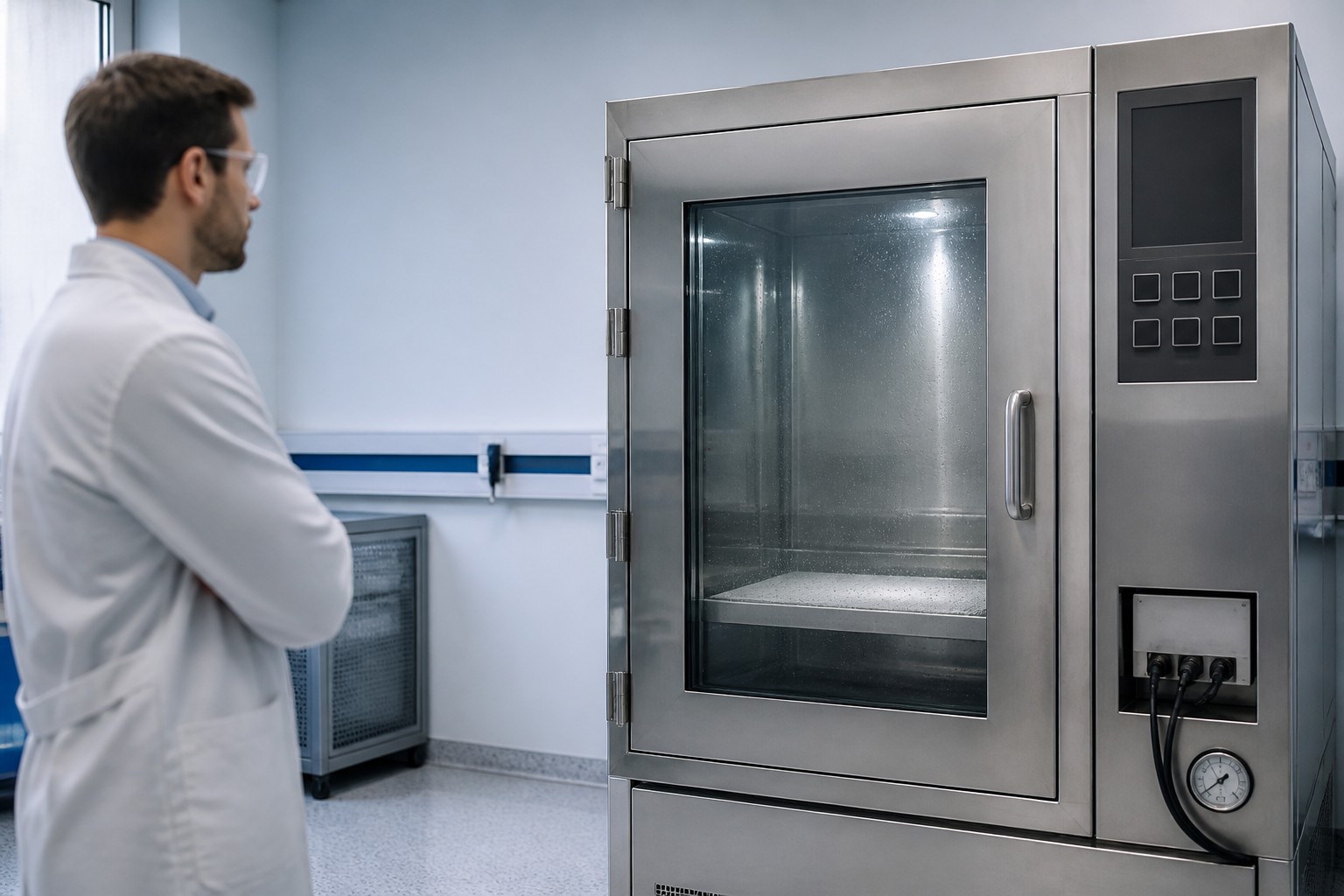 Stainless steel environmental test chamber in a reliability laboratory