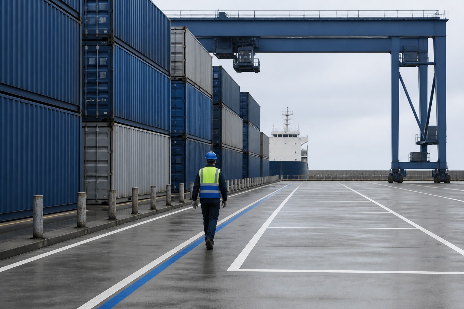 Container stacks and gantry crane at a port inspection lane