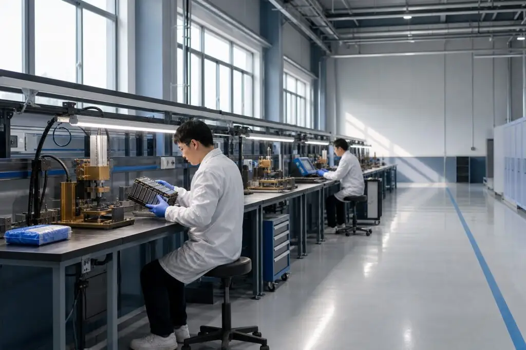 Battery pack assembly line with technicians inspecting modules