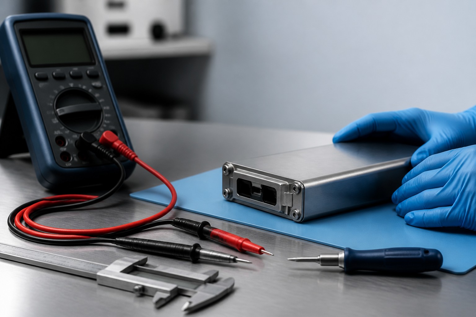 Inspection bench with multimeter, calipers and a battery pack on an anti-static mat