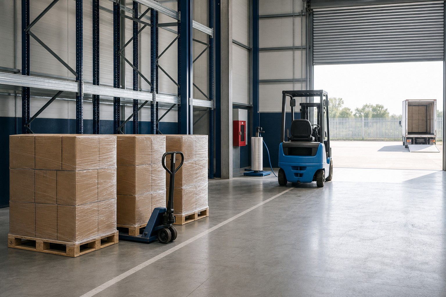 Stretch-wrapped pallets staged for outbound shipment in a warehouse
