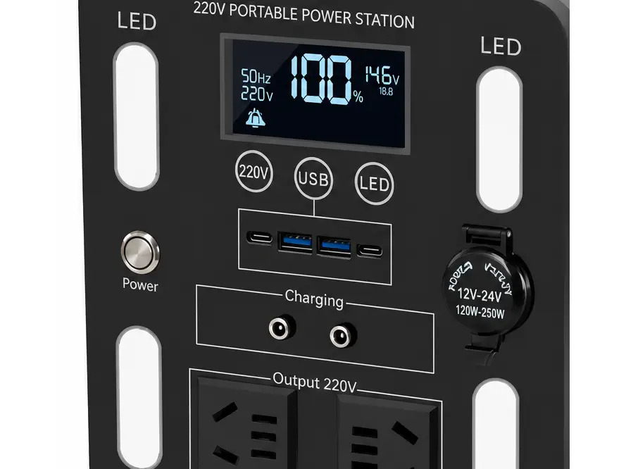 Ruihan power station front panel detail showing LCD readout, 220V USB LED buttons, Type-C and USB ports, charging sockets, universal AC outlets and DC knob