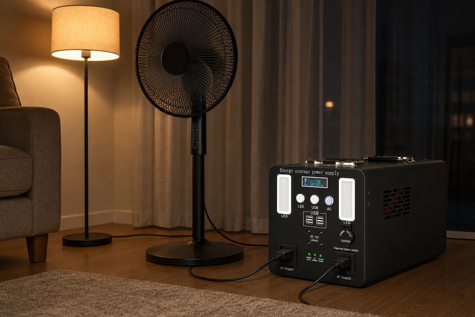 Power station running a pedestal fan and floor lamp during a home blackout