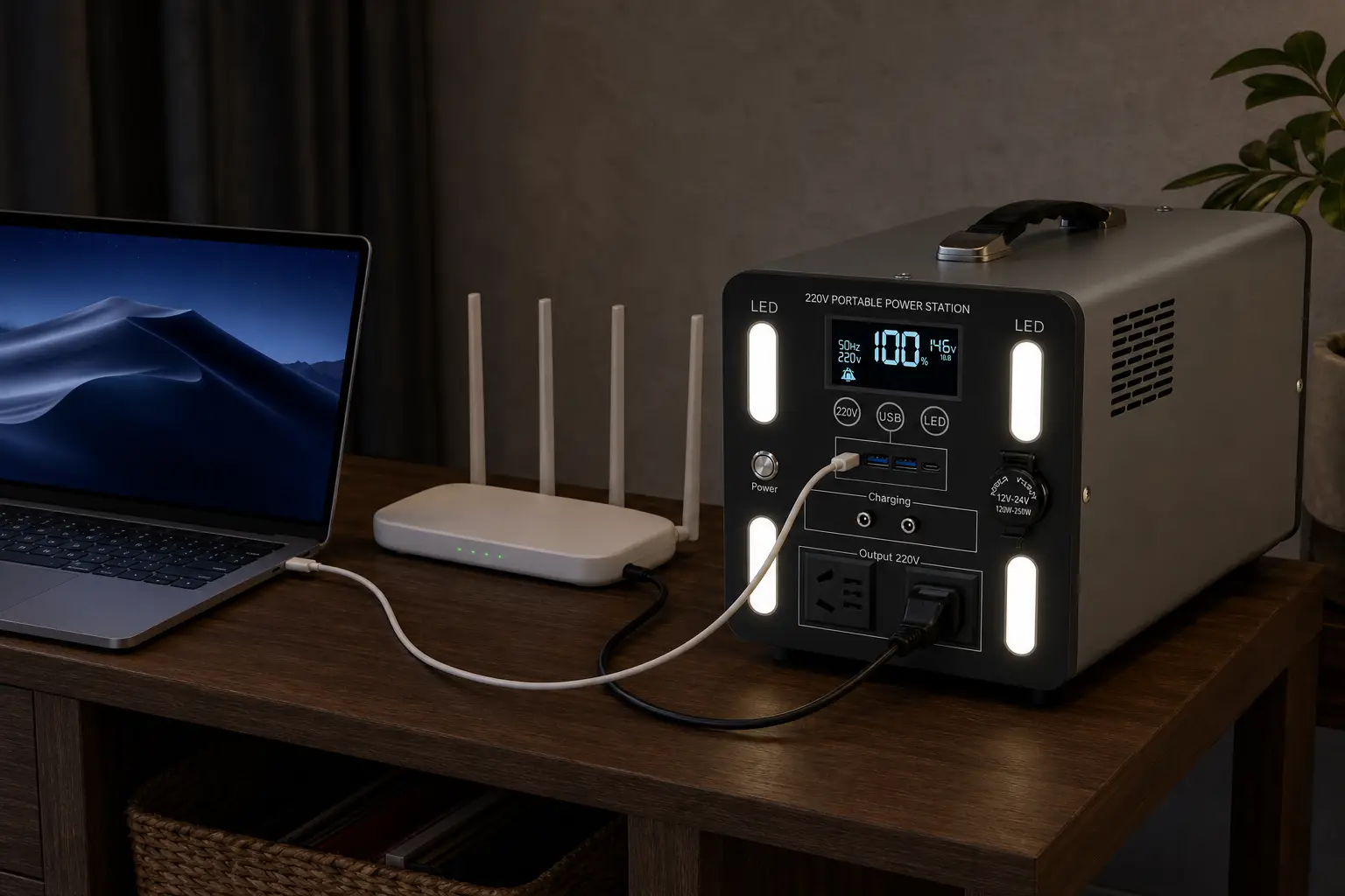 Ruihan power station powering a Wi-Fi router and charging a laptop through 60W Type-C during an outage