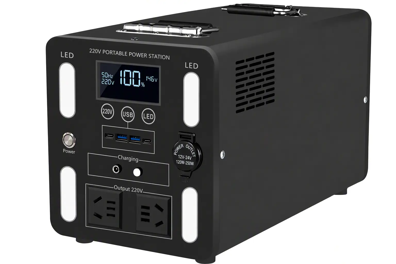 Ruihan black alloy-shell LiFePO4 power station with LCD, two universal AC outlets, Type-C and DC outputs on white background