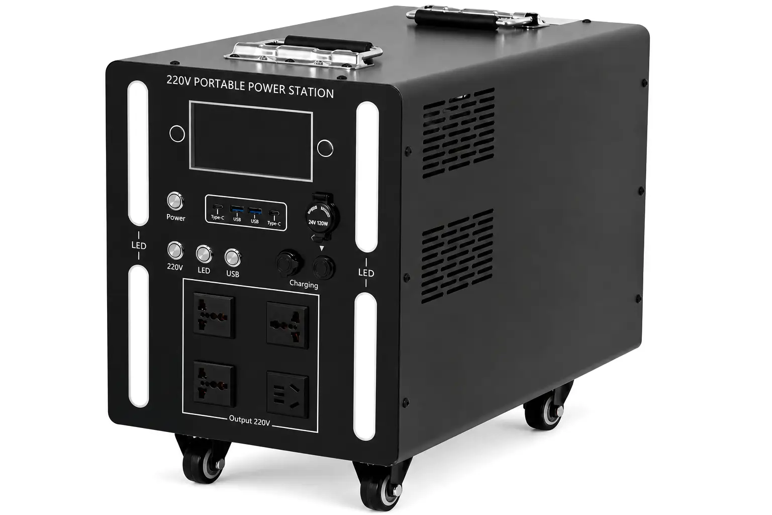 Ruihan heavy-duty black alloy power station cart on castor wheels with four AC outlets, 24V DC, Type-C ports and LED bars, on white background