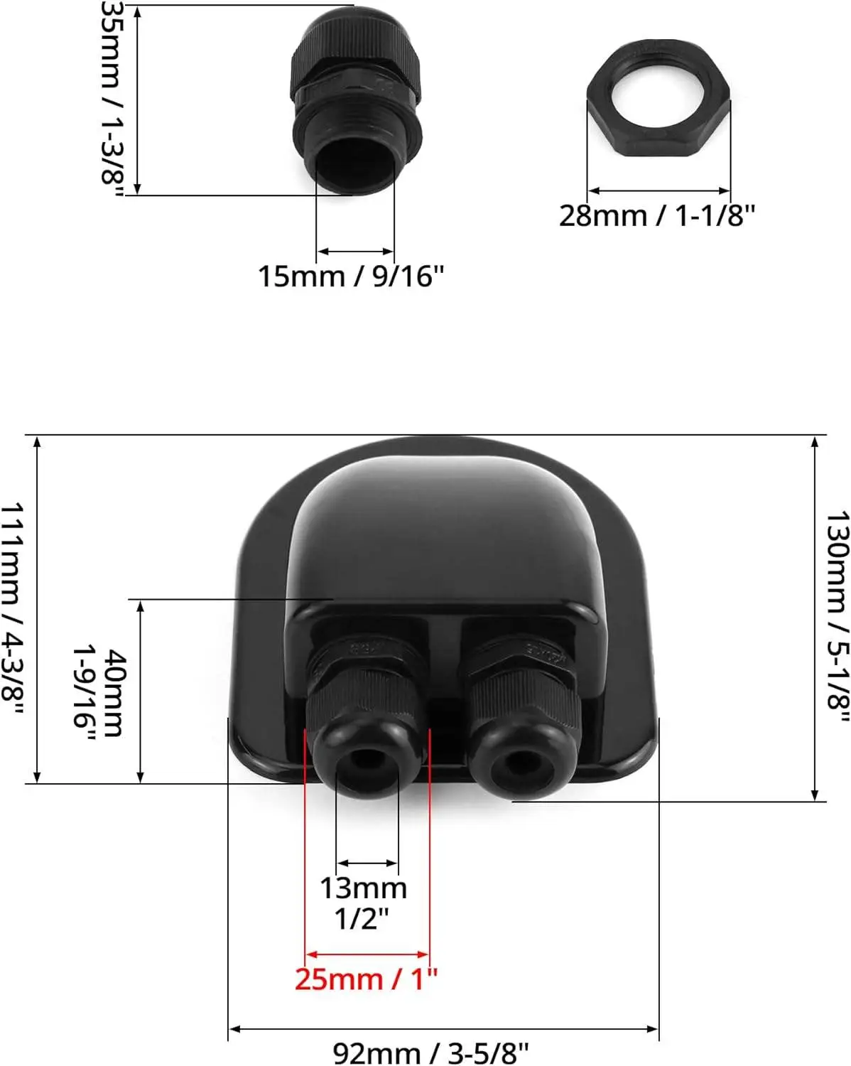 Ruihan RH-SJB cable entry gland dimensions in mm and inches