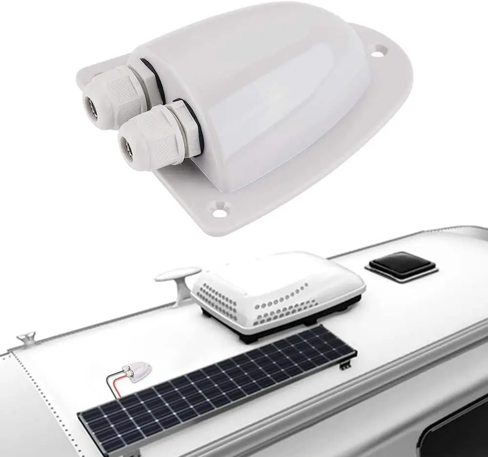 Ruihan RH-SJB cable entry gland installed on an RV roof routing a solar panel cable