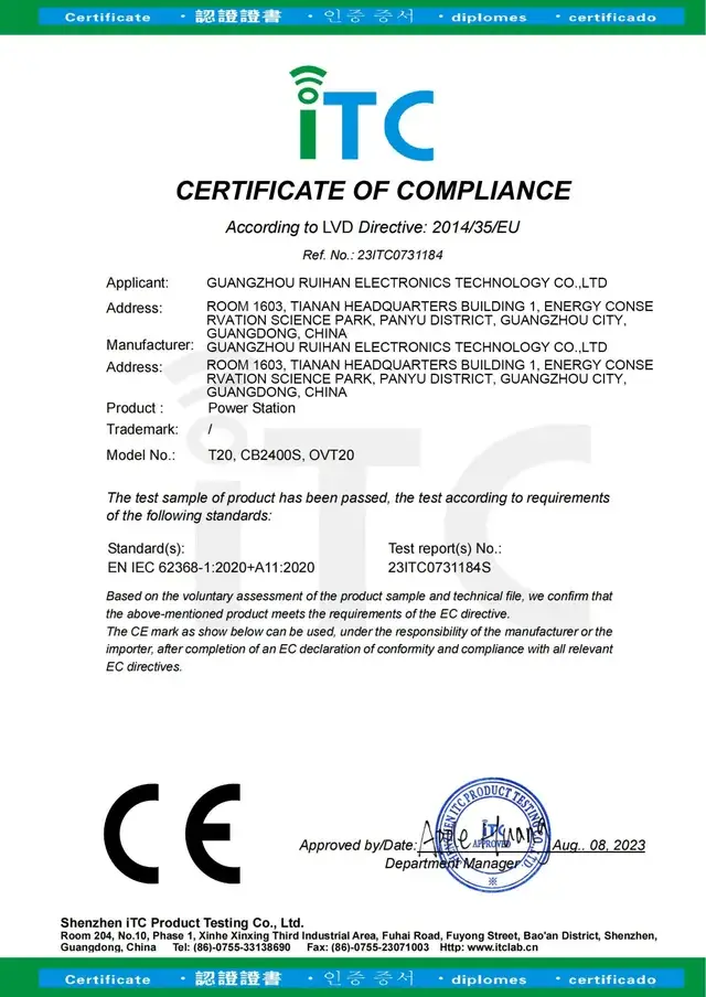 CE-LVD certificate for Ruihan T20, tested to IEC 62368-1