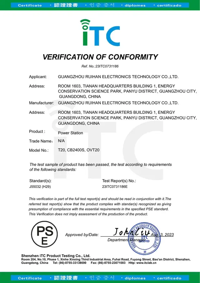 PSE-EMC certificate for Ruihan T20, tested to J55032