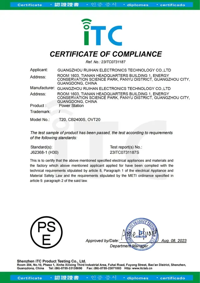 PSE-LVD certificate for Ruihan T20, tested to IEC 62368-1