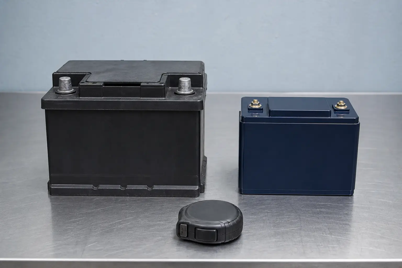 A LiFePO4 battery module and a lead-acid starter battery side by side on a workshop bench with a tape measure