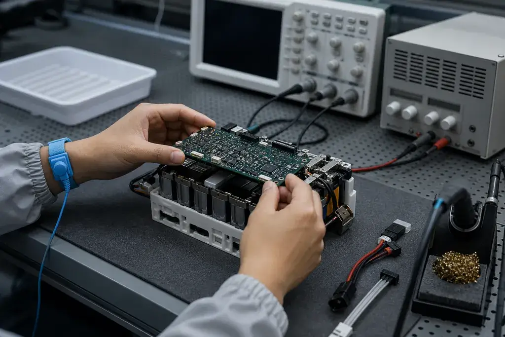 R&D prototyping &mdash; BMS board and battery module on the bench