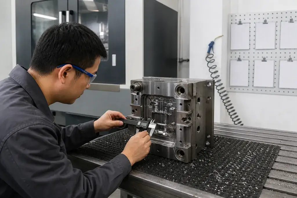 Tooling & molds &mdash; technician inspecting a steel mold with a caliper